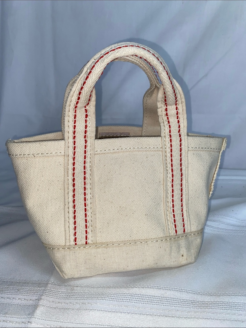 Vintage L.L. Bean Mini Canvas Boat Tote in Cream with Red Stitching